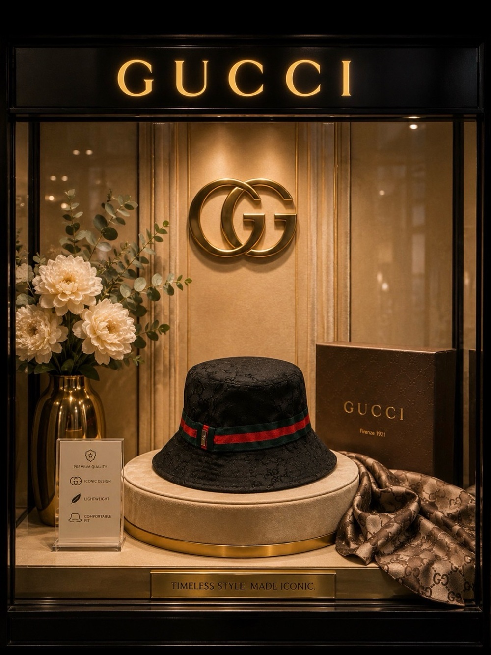 Gucci Black Bucket Hat with Red and Green Stripe